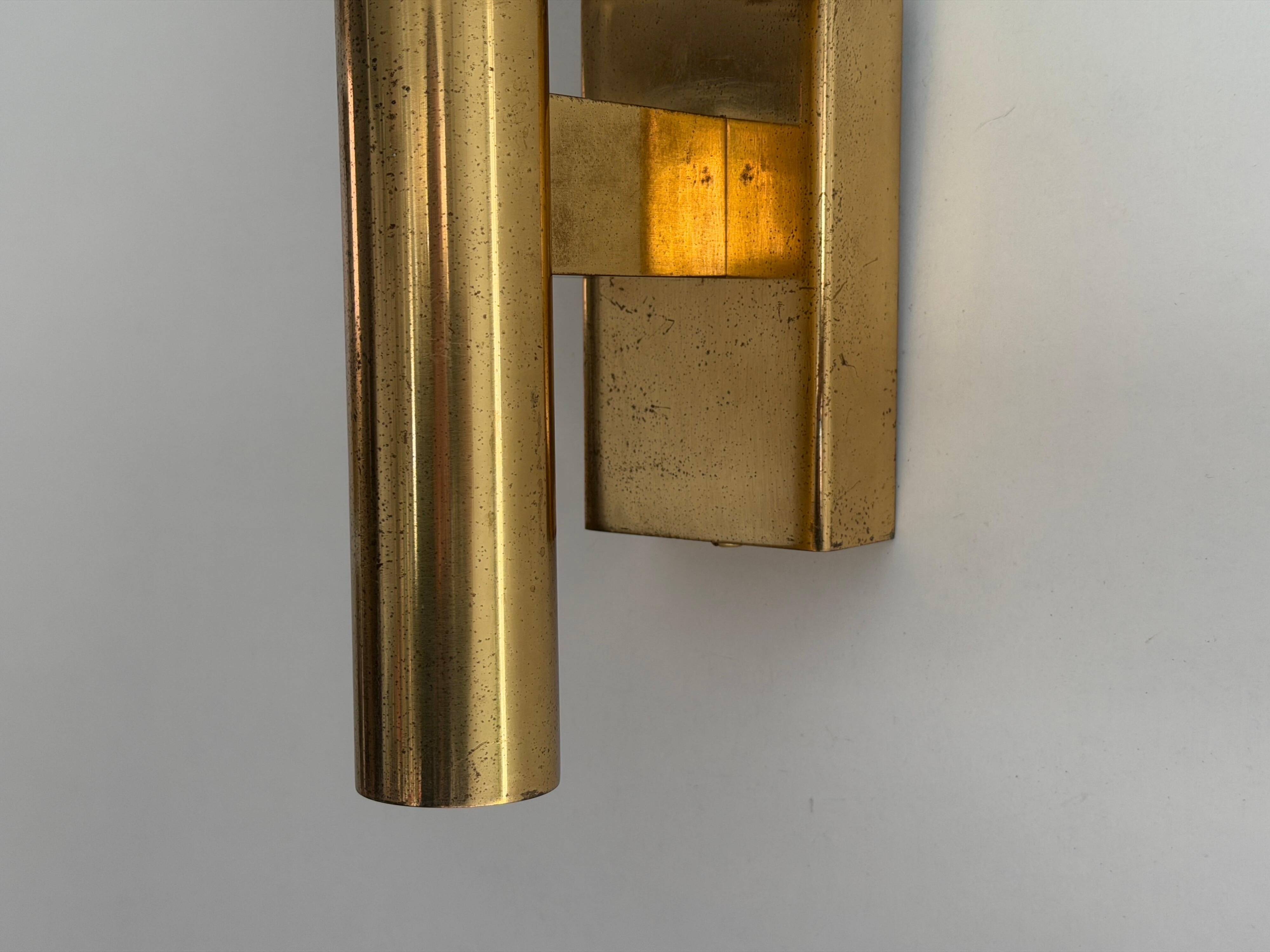 Large minimalist cinema wall light in opal glass and heavy brass, 1960s, Germany
