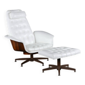 Restored George Mulhauser style white tufted tilt and swivel chair with ottoman