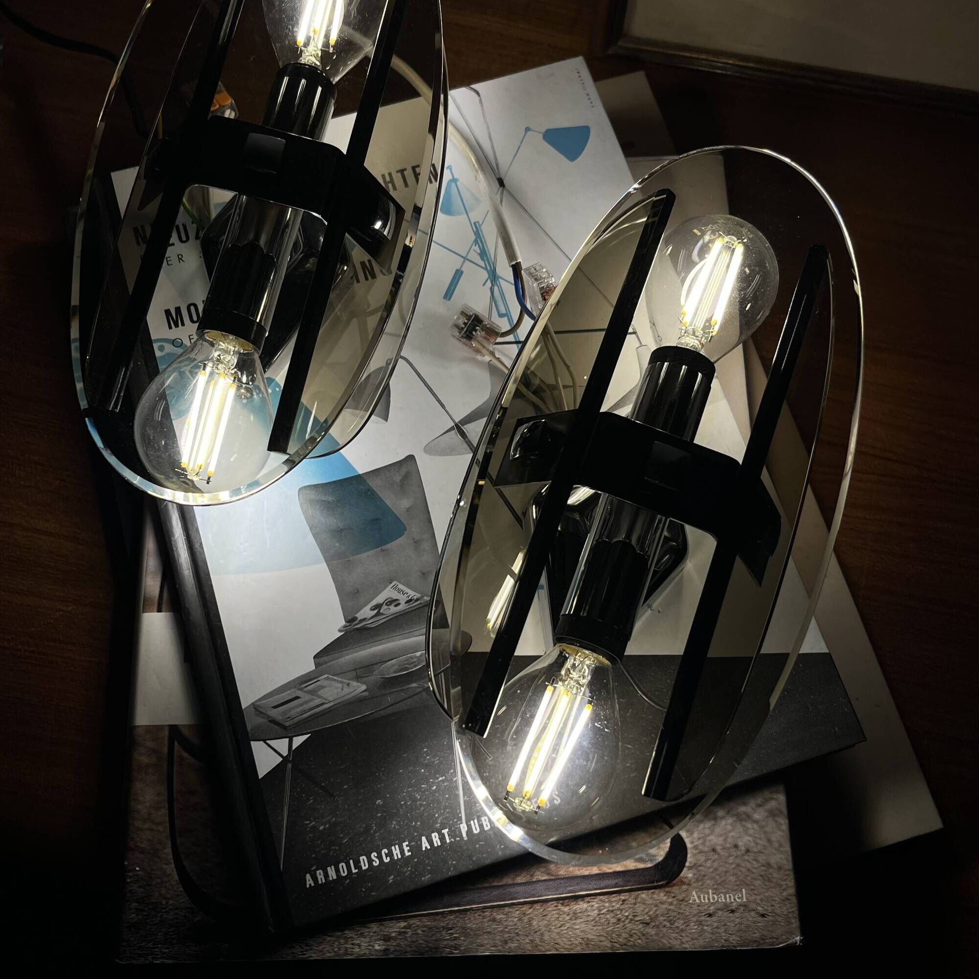 Pair of Veca wall sconces in smoked brown glass and chrome metal from the 1970s.