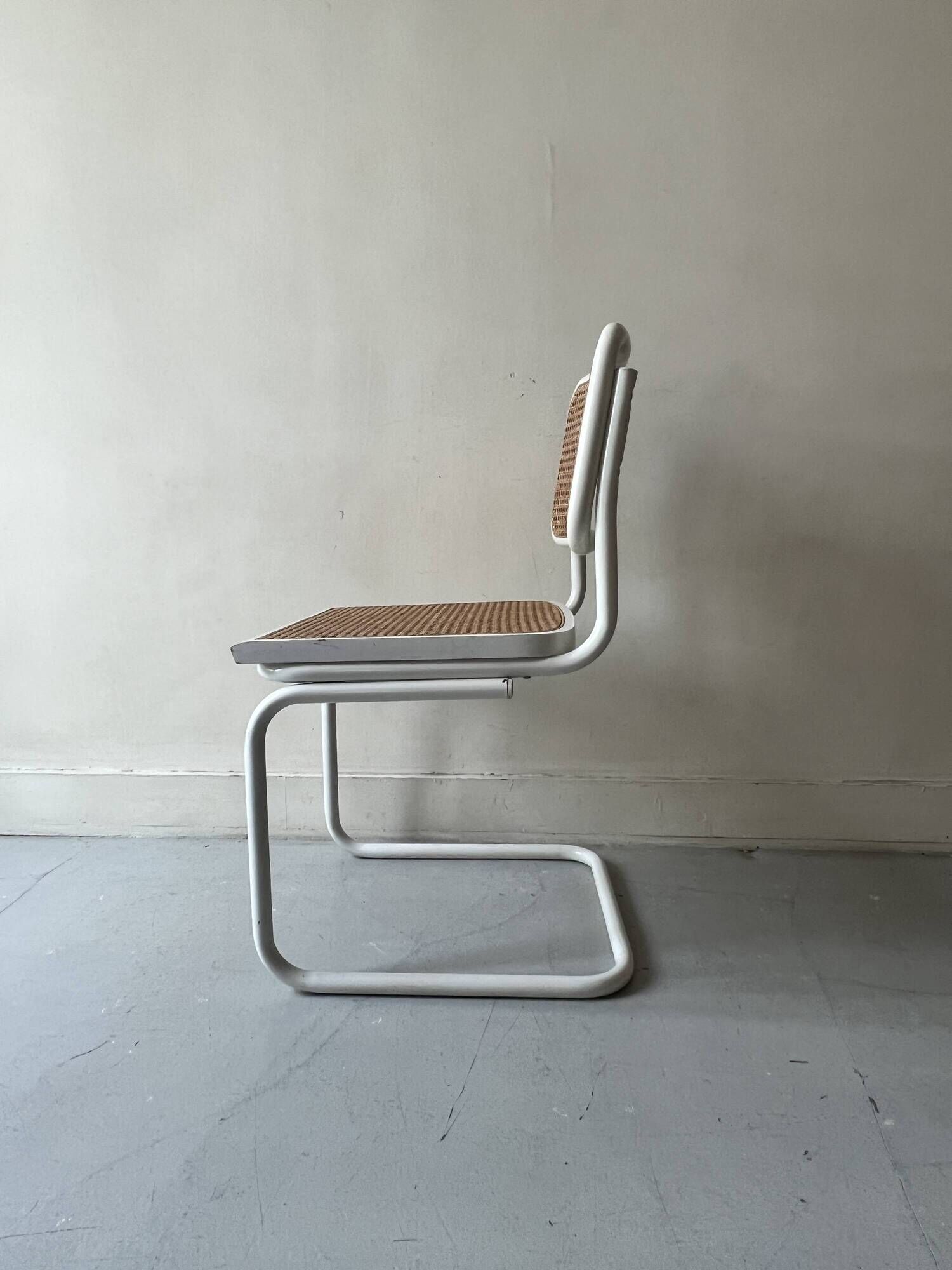 Cesca B32 vintage design chair in white metal and cane by Marcel Breuer
