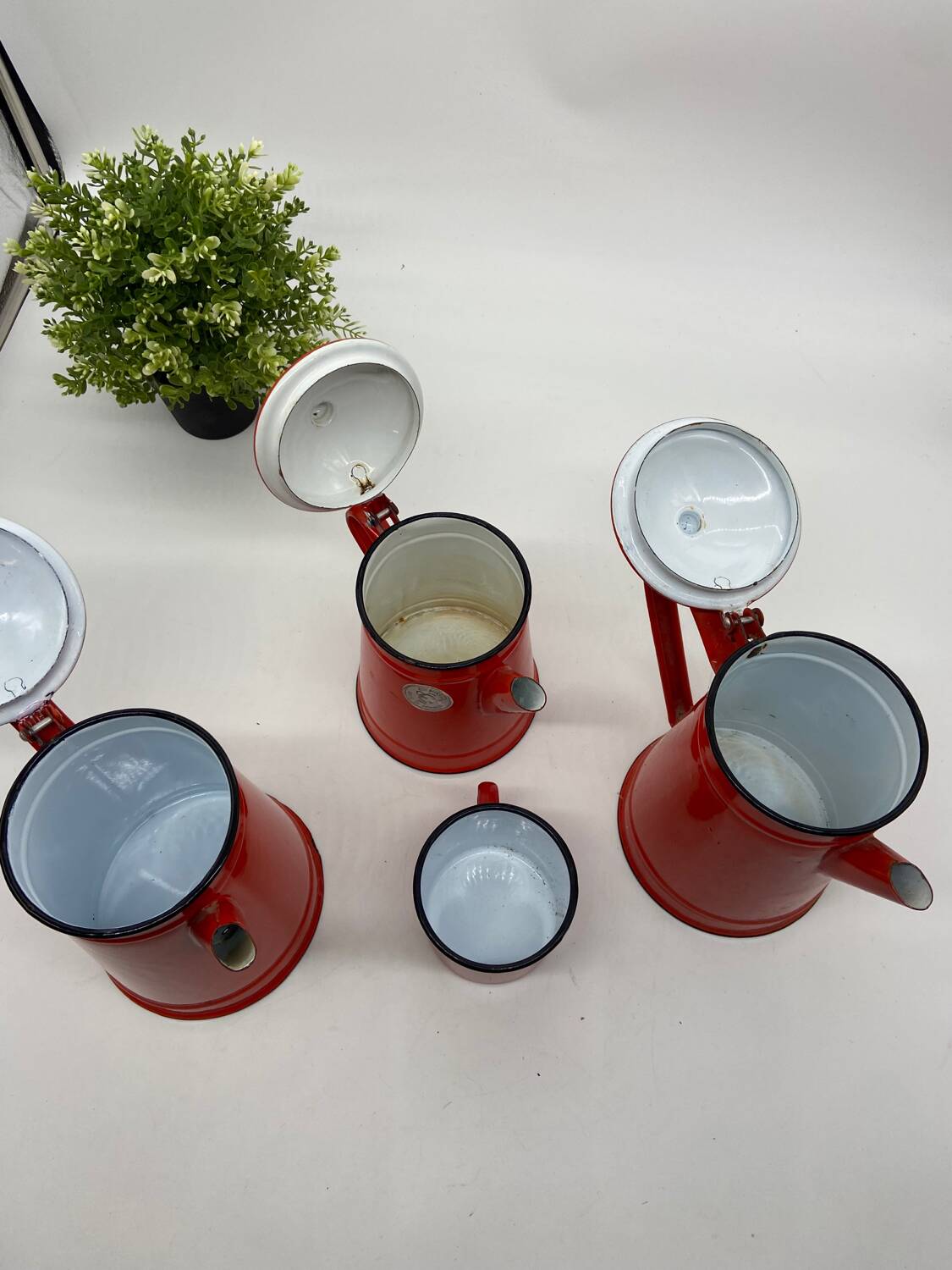 Set of red/white enameled metal coffee makers, vintage