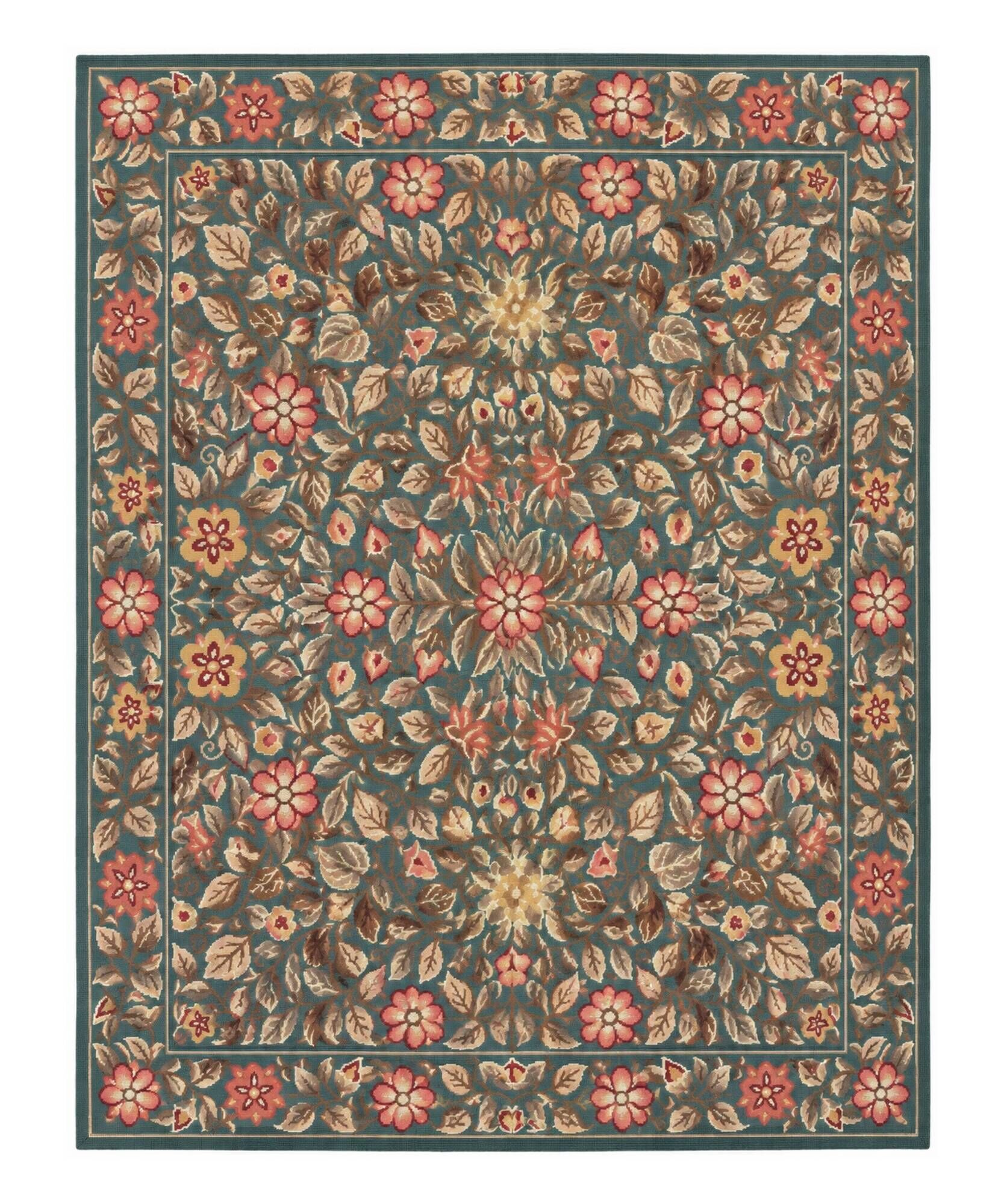 Large Floral Needlepoint Rug 217x277cm Teal Green Traditional Flatweave Carpet