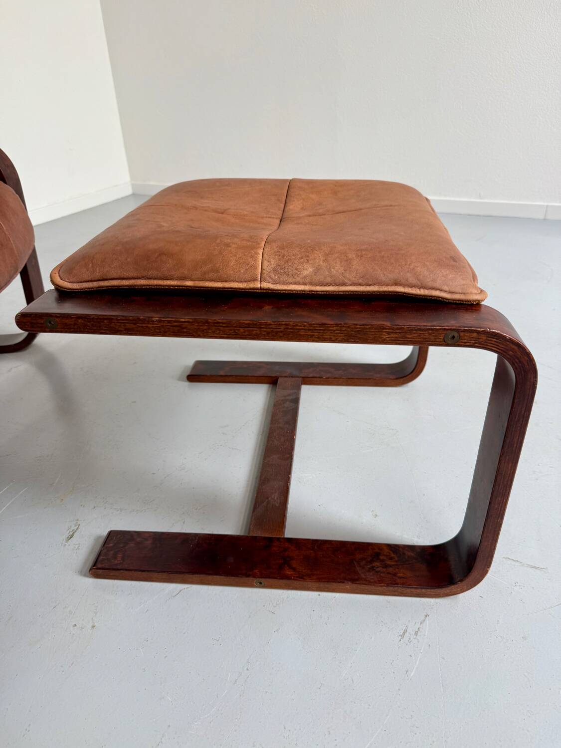Yngve Ekström 70 Scandinavian design armchair with leather and wood ottoman
