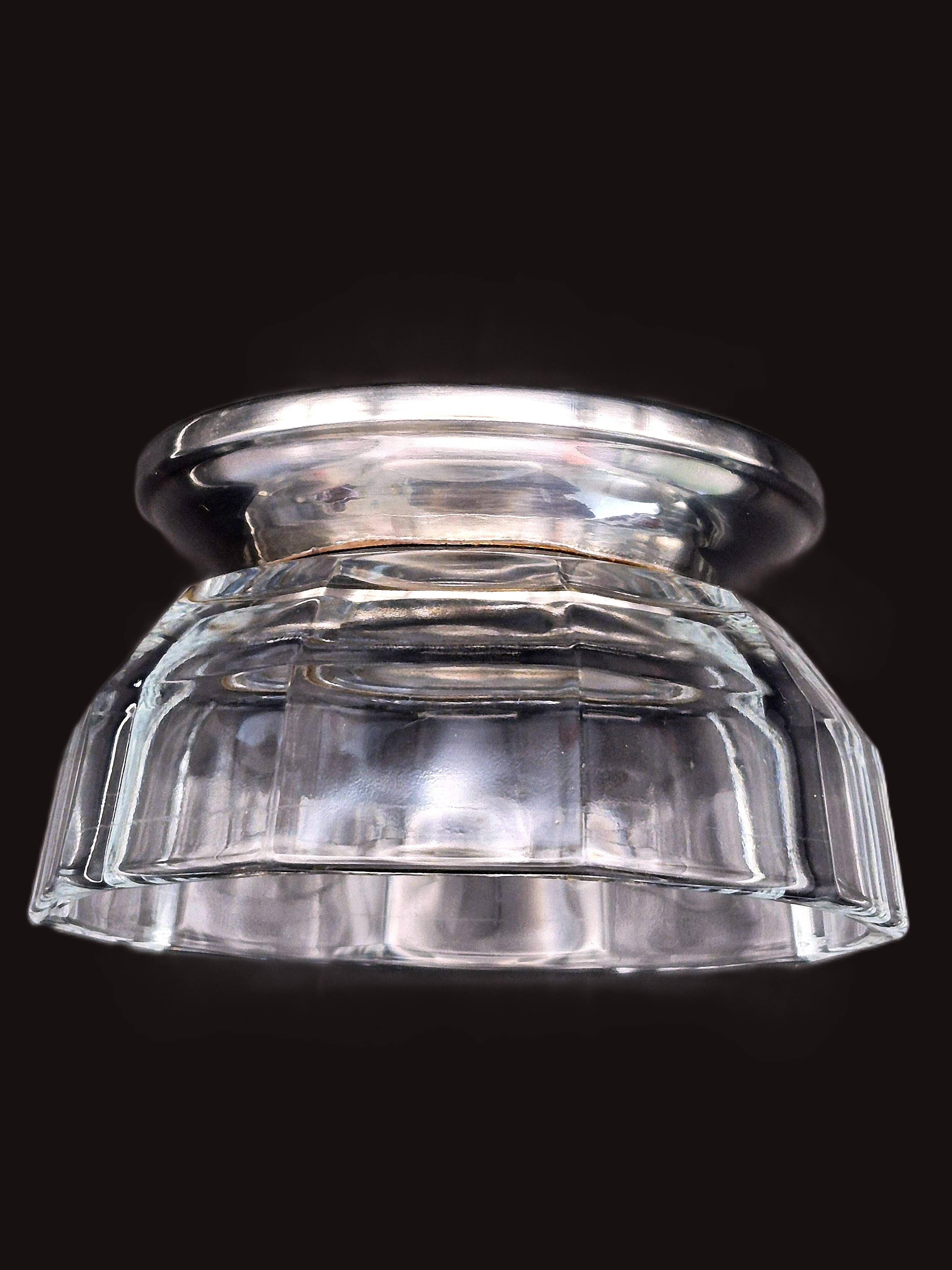 Art Deco thick crystal/glass bowl, silver-plated metal pedestal.