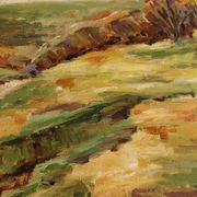 Oil painting on panel of a rural landscape, signed.