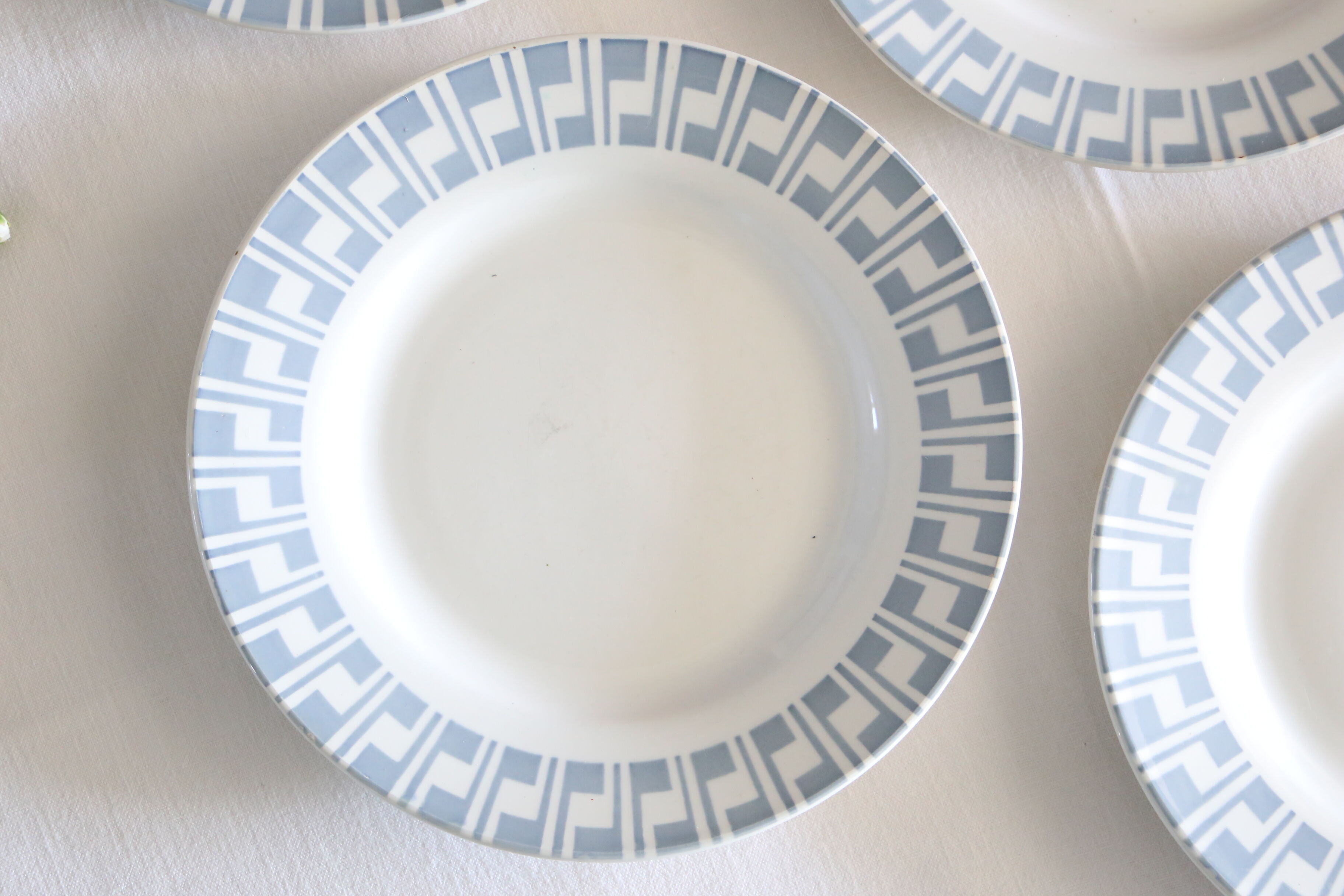 Set of 5 Digoin flat plates, blue geometric patterns, vintage French, rustic, campag