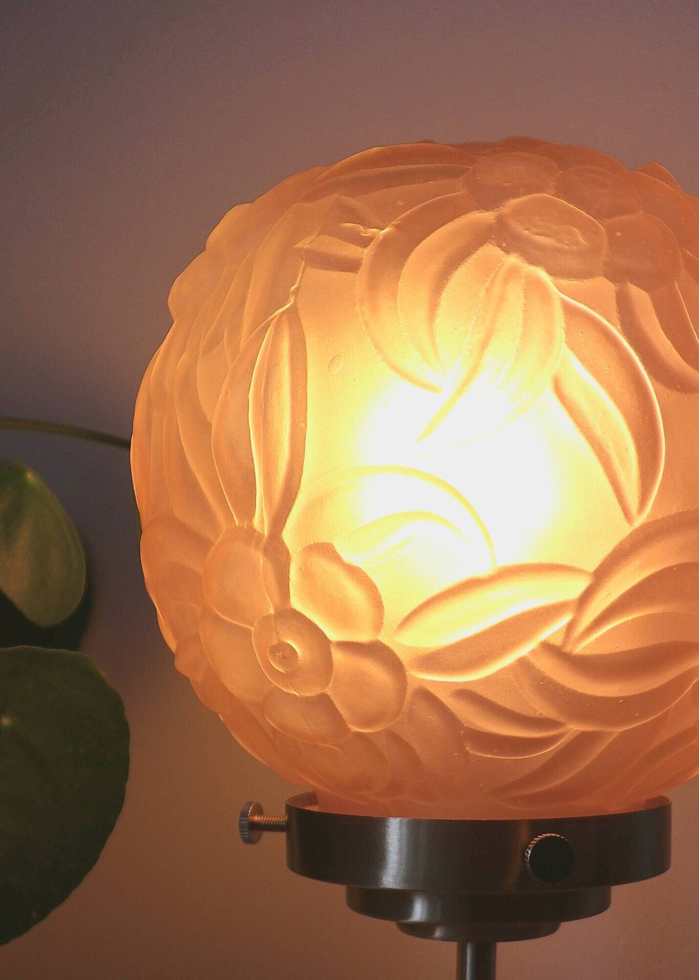 Art Deco floral table lamp, vintage pink opaline glass