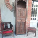 Set 3 pieces furniture, armchair and carved wooden stool