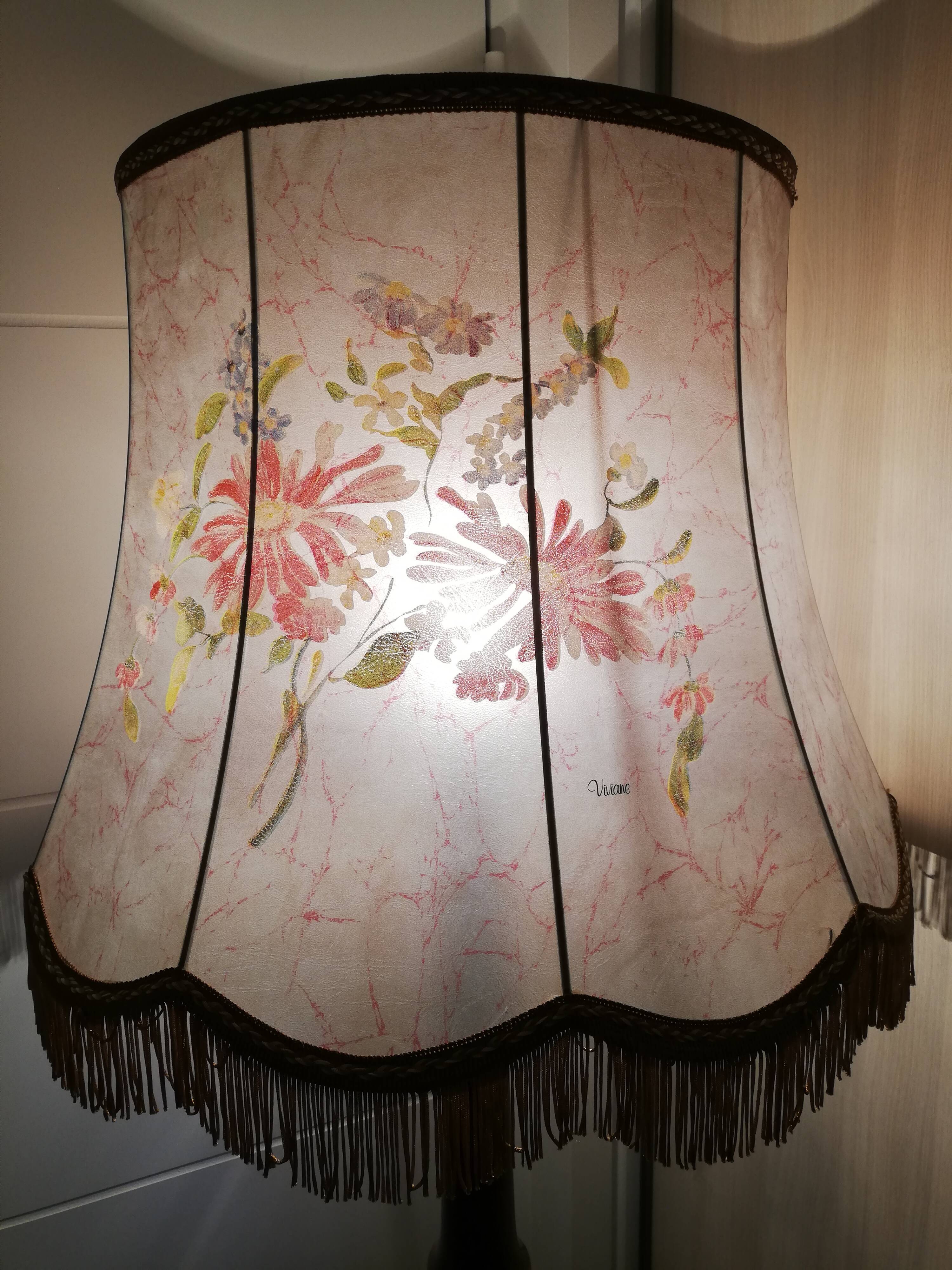 50s oak lamp lamp with hand-painted silk tablet and lampshade