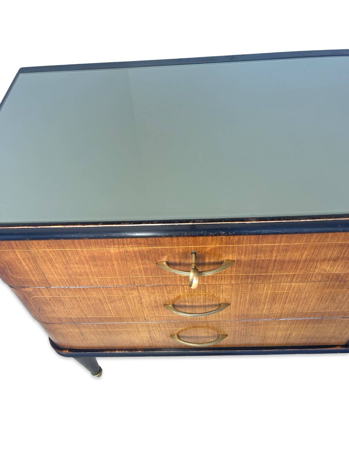 Commode en acajou plaqué avec plateau en verre vert, années 1950