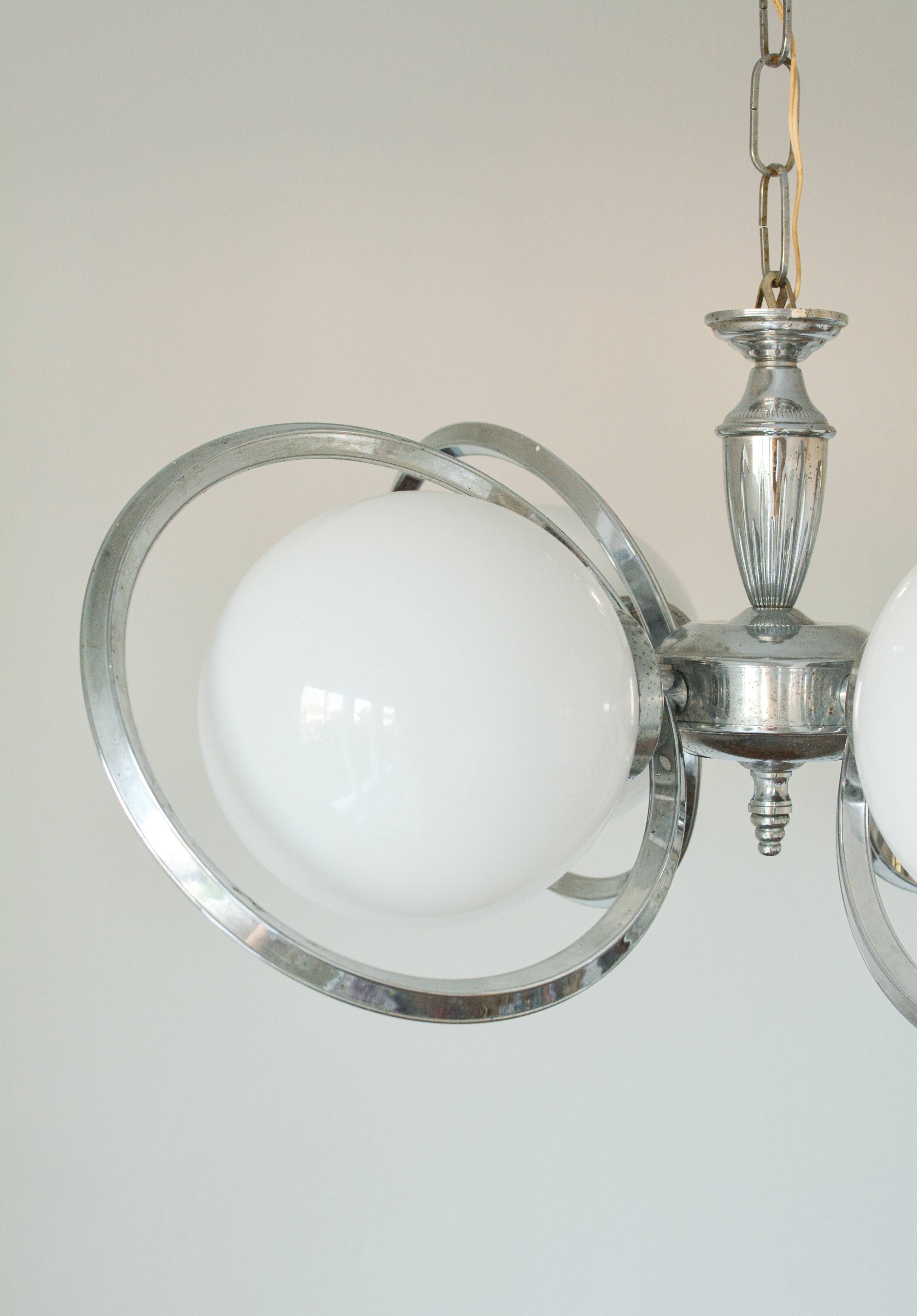 Vintage Space Age chandelier in opaline and chrome – 1970s