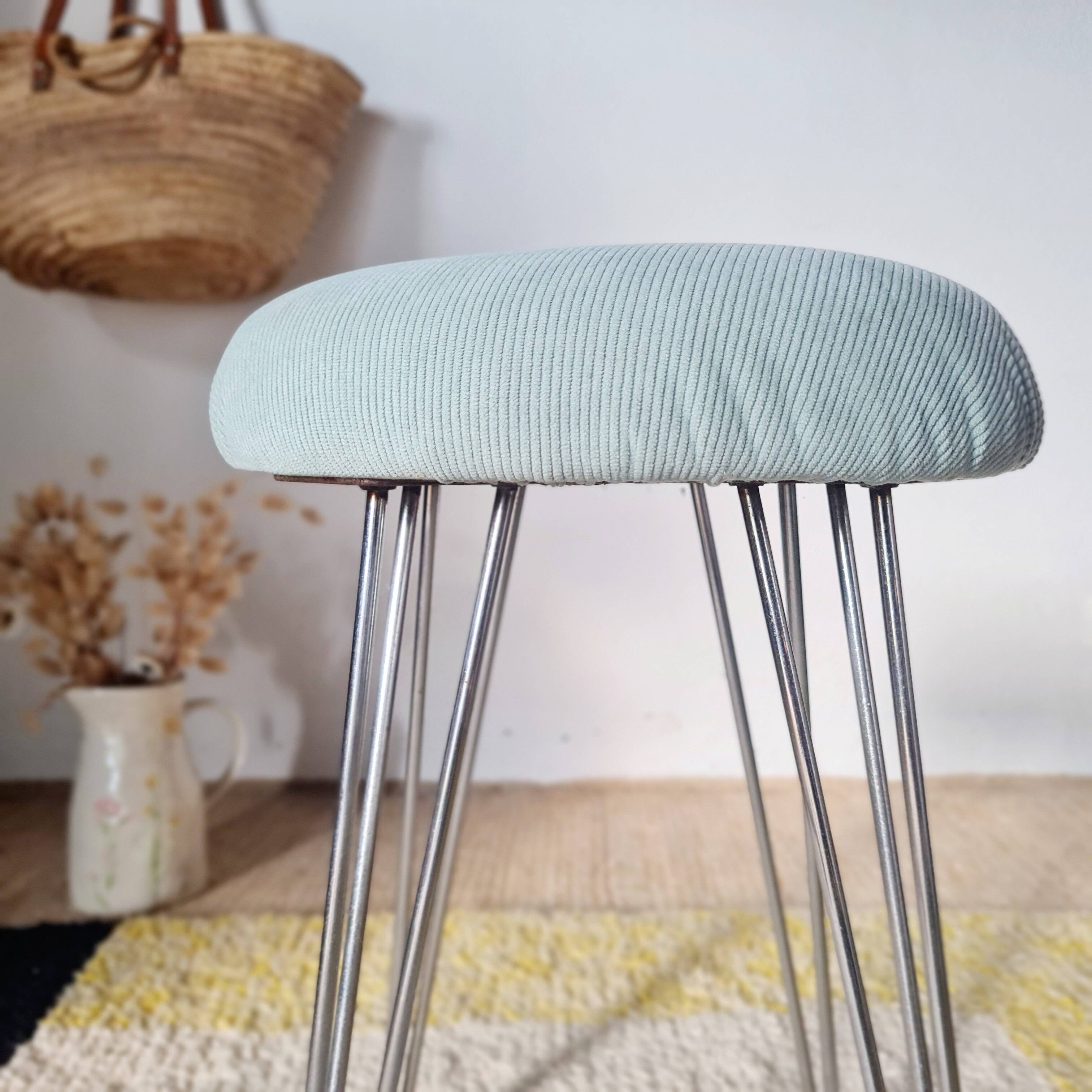 Vintage 1950s stool, metal tapered legs and velvet.