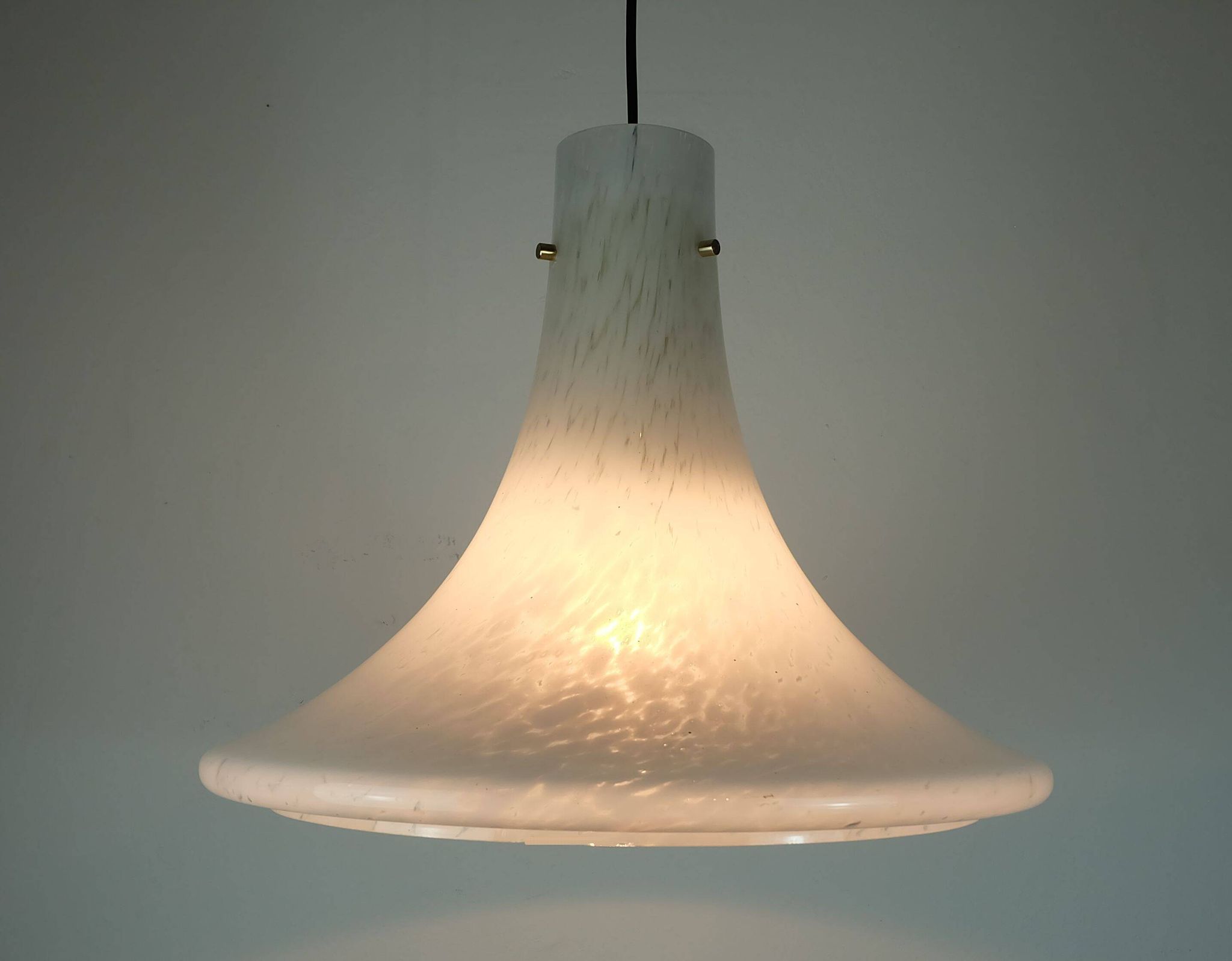 large 1970s glashuette limburg PENDANT LIGHT white opaline bubble glass trumpet-shaped shade P283 42