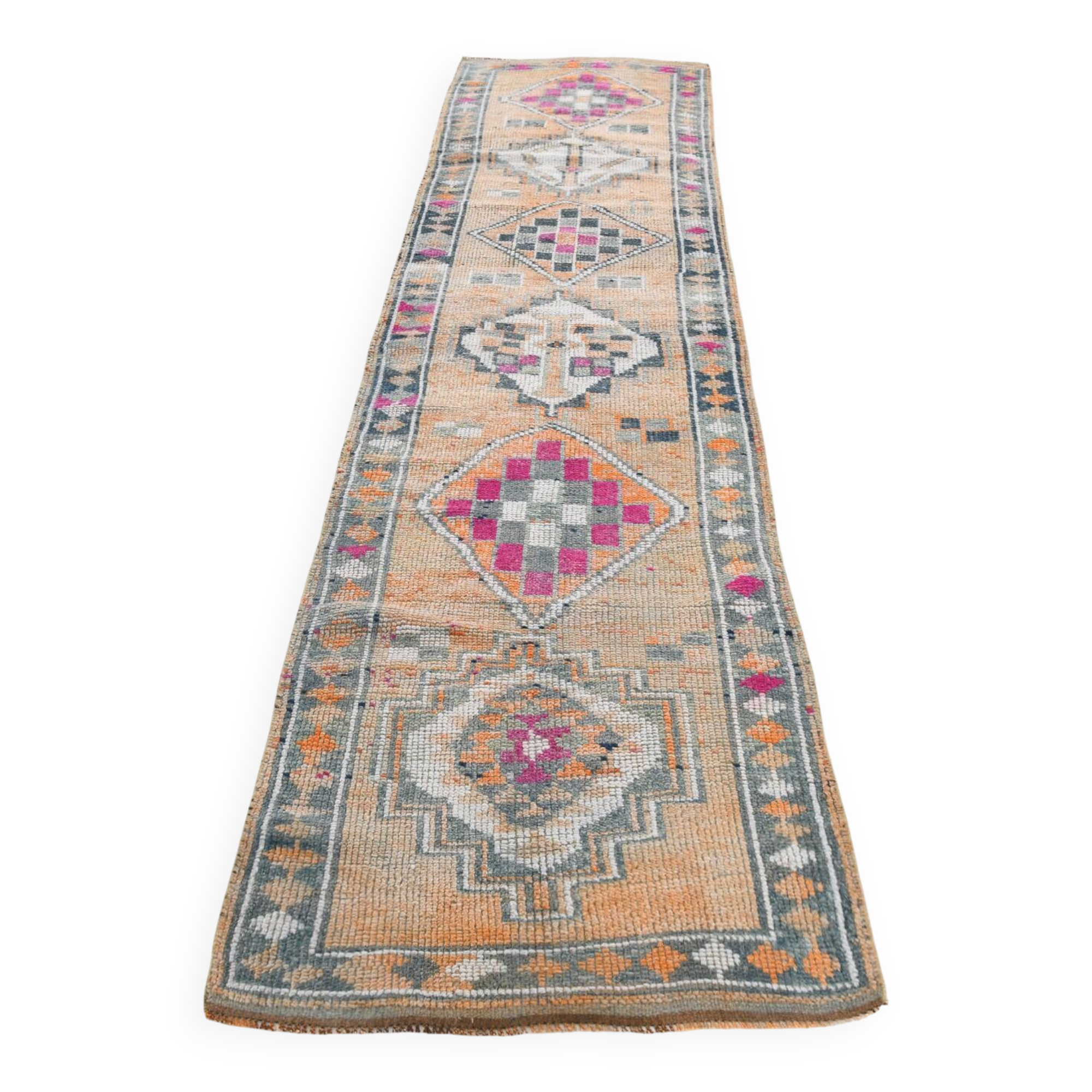Fuchsia Vintage Oushak Runner Rug, Turkish Wool Hallway Carpet, 86x341 Cm