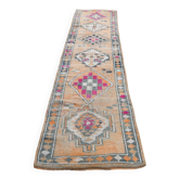Fuchsia Vintage Oushak Runner Rug, Turkish Wool Hallway Carpet, 86x341 Cm