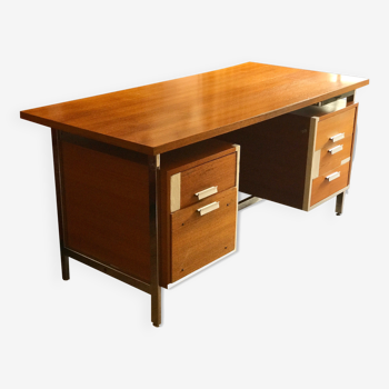 Vintage teak and stainless steel desk with two pedestals