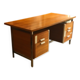Vintage teak and stainless steel desk with two pedestals