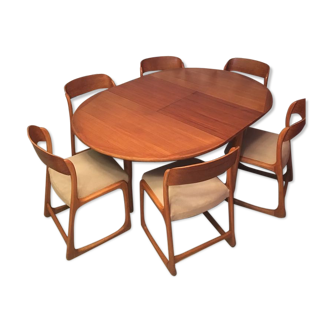 Set of 6 chairs baumann sled with teak table 1960