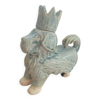 Winged and crowned ceramic dog. Unique handcrafted piece.