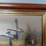 Oil on canvas, wooden frame, flight of ducks, nature, signed C. Walker