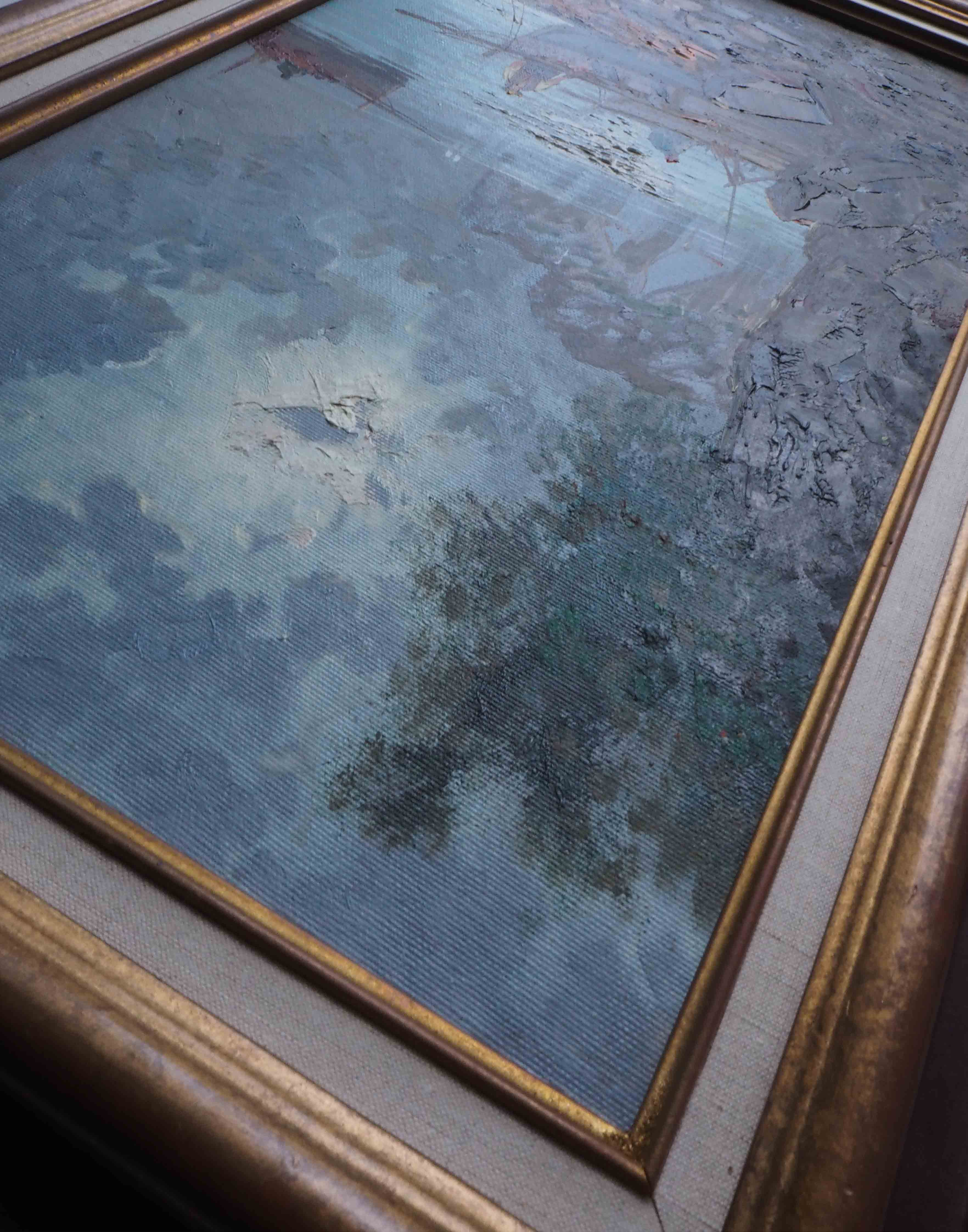 Painting marine fishermen in the moonlight signed + frame
