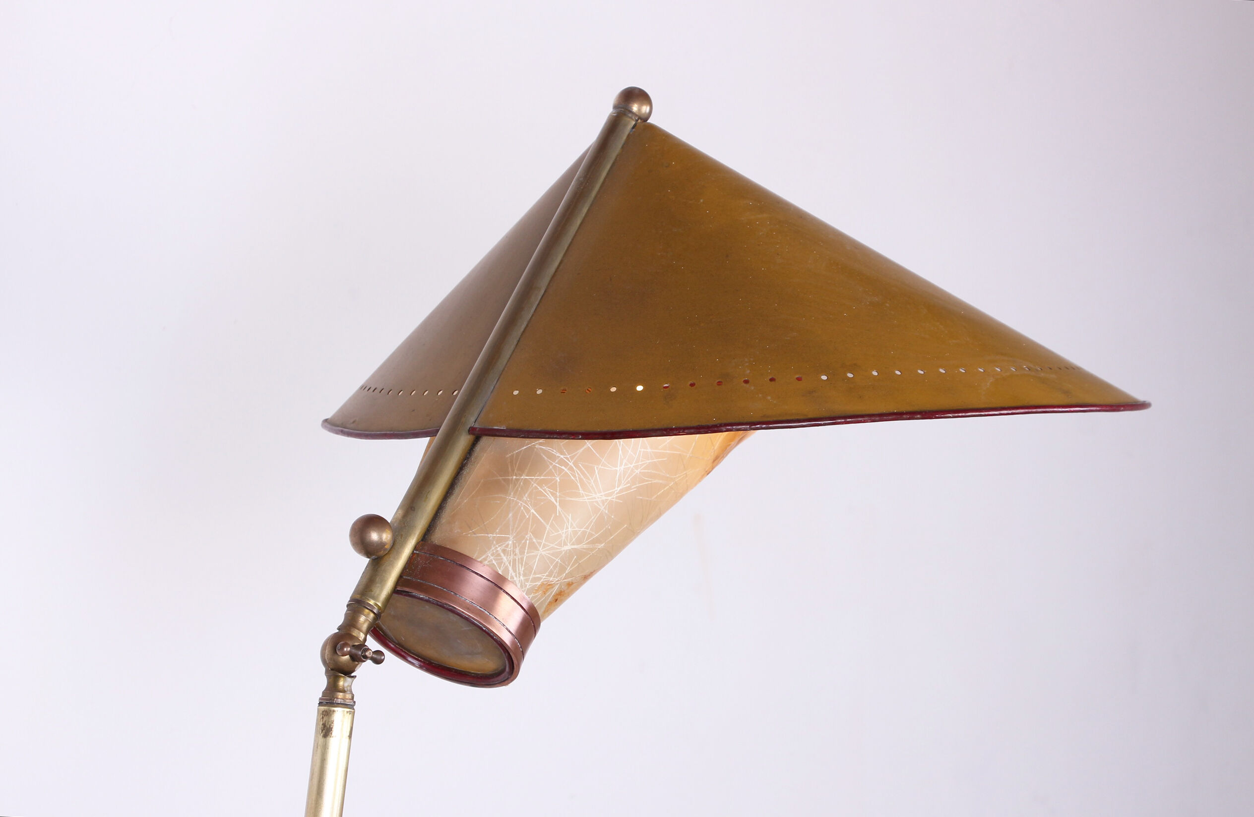 Italian brass floor lamp with conical shaft, adjustable in tilt and height, 1950