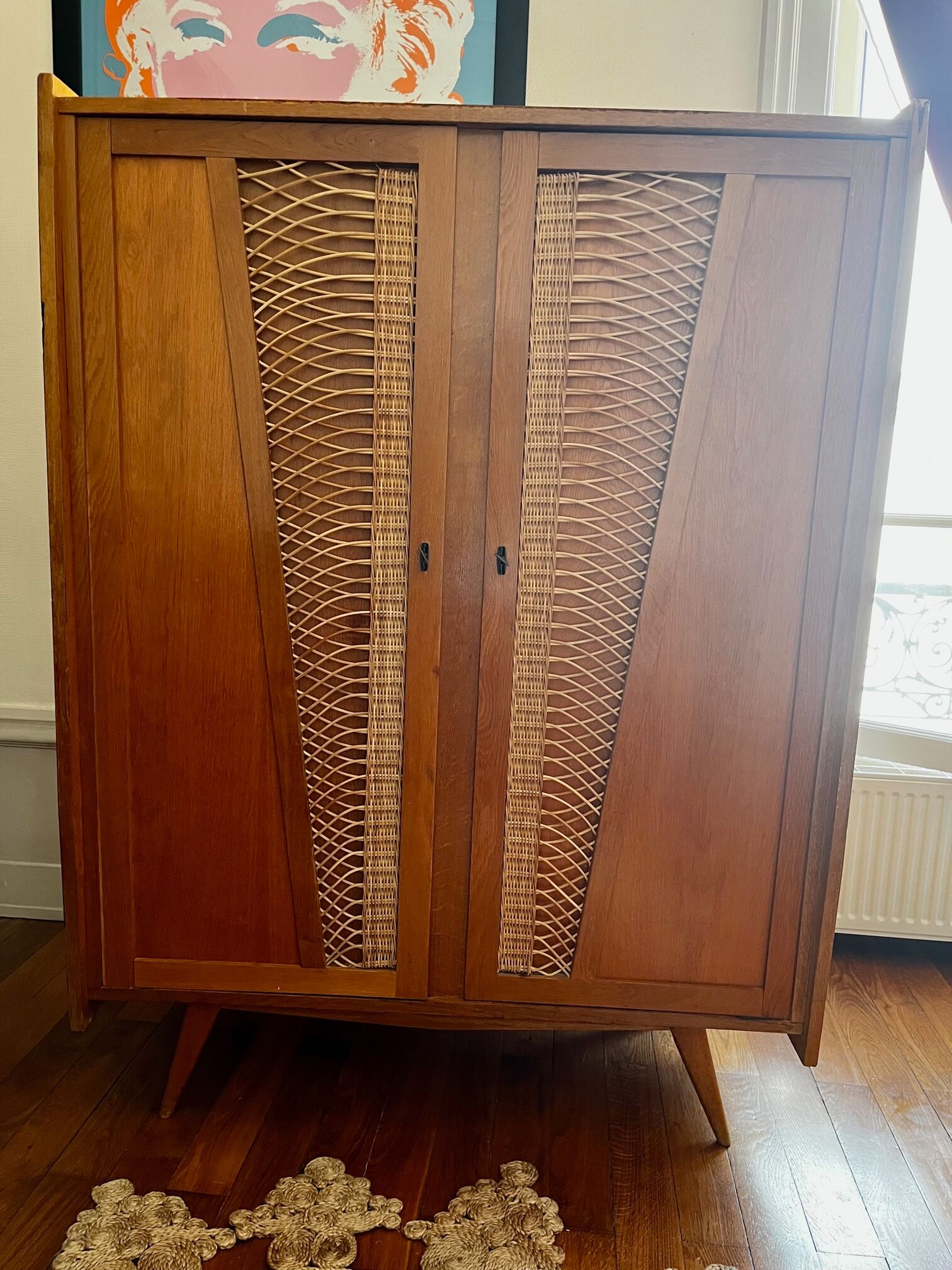 Wood and rattan cabinet 60s