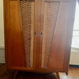 Wood and rattan cabinet 60s