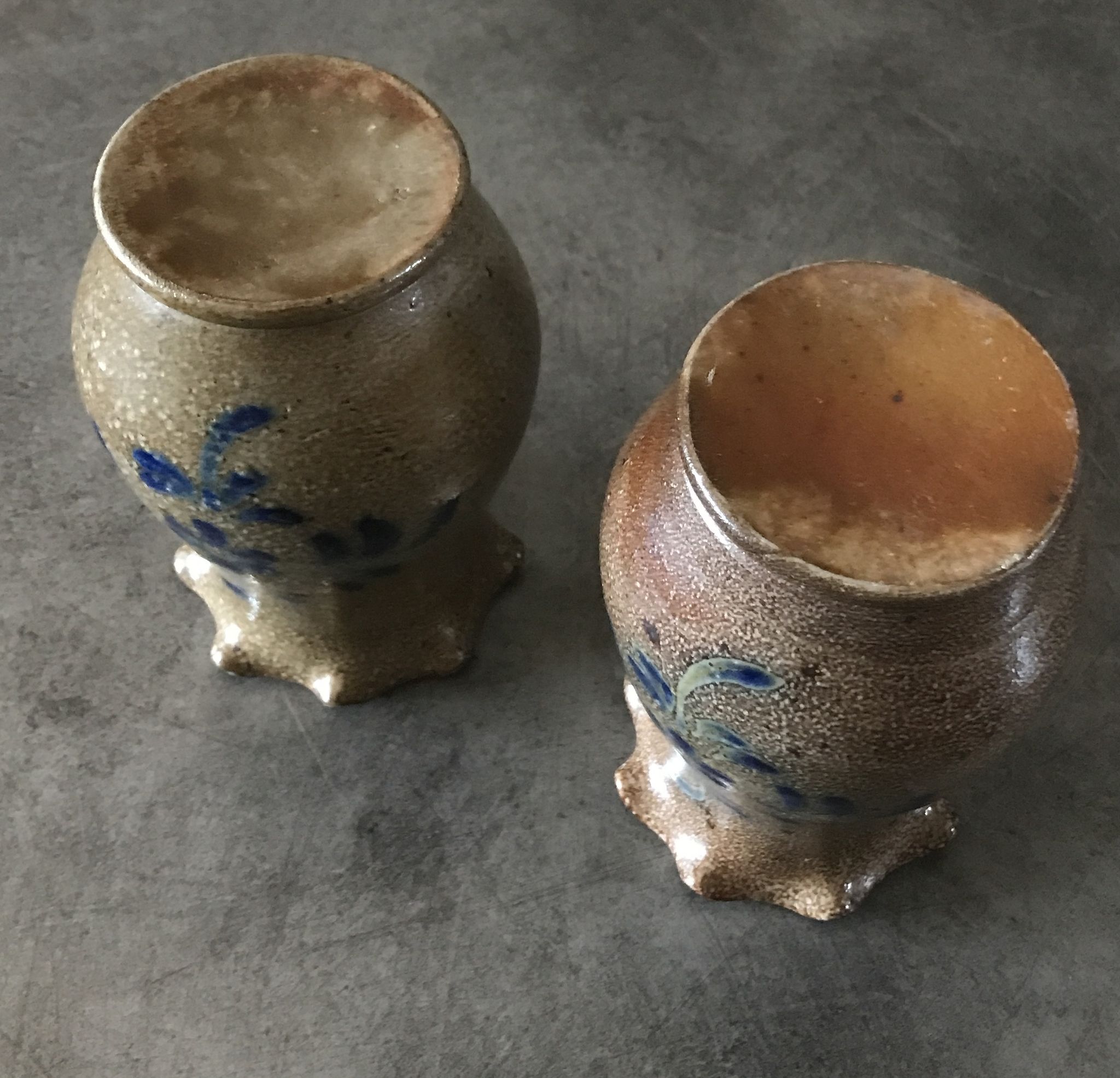Pair of vintage pottery vases with floral decoration and glaçureau sel