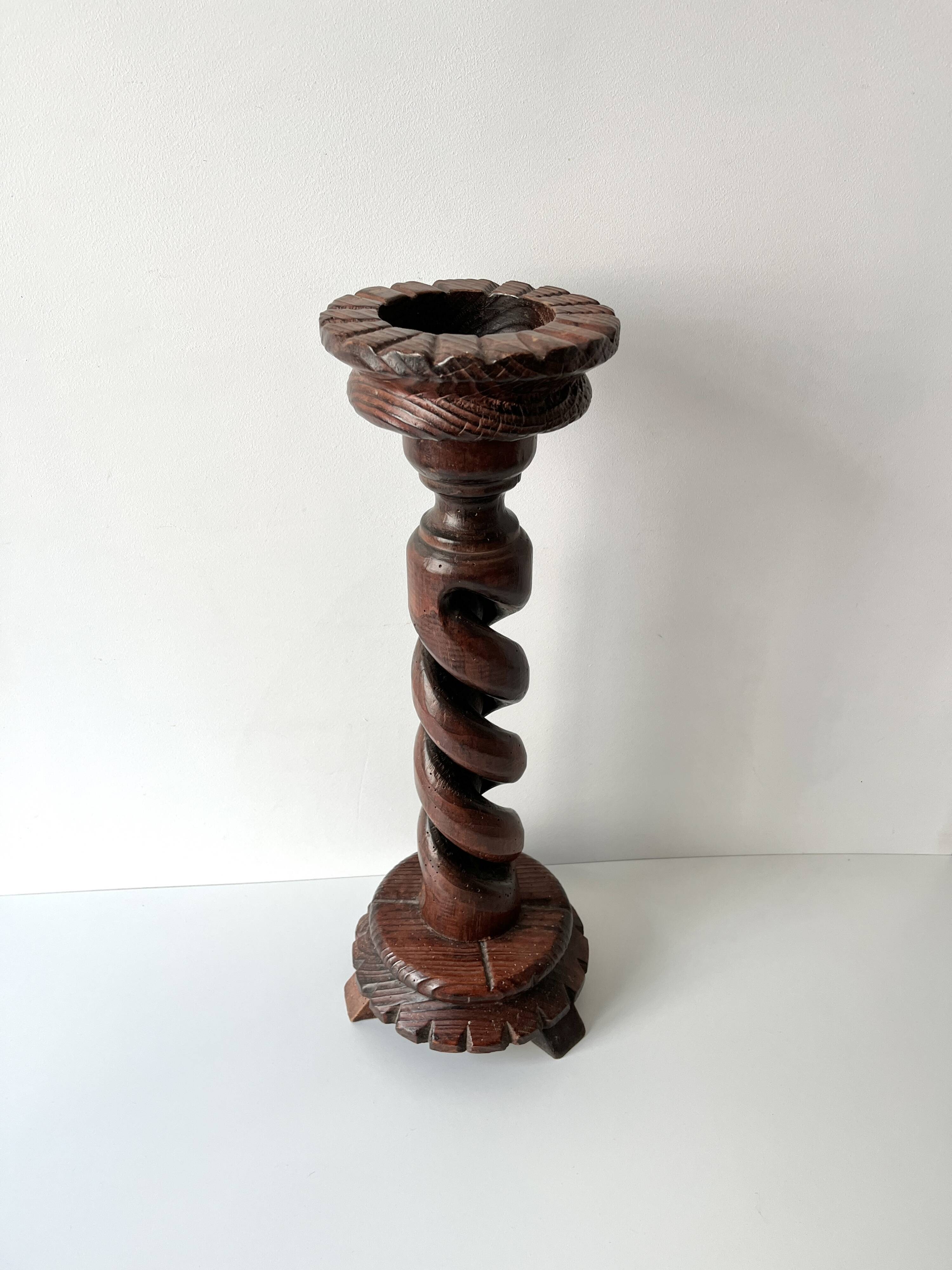 50s turned wooden pedestal ashtray, vintage rustic ashtray