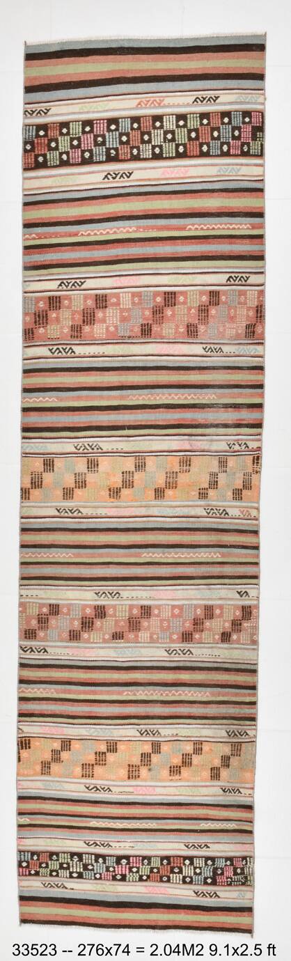 2x9 Pale Red & Green Kilim Runner Rug, 74x276Cm