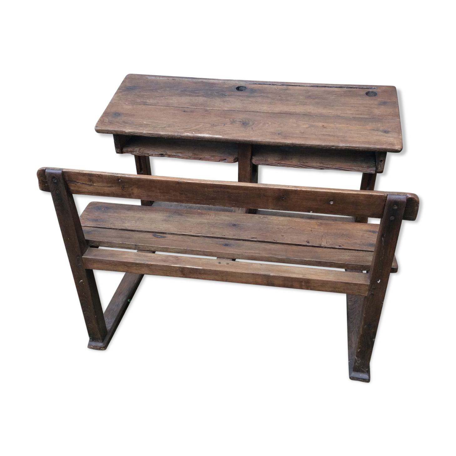 Double schoolboy desk with solid oak bench at the end of 19th