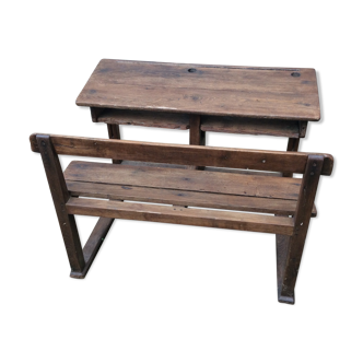 Double schoolboy desk with solid oak bench at the end of 19th