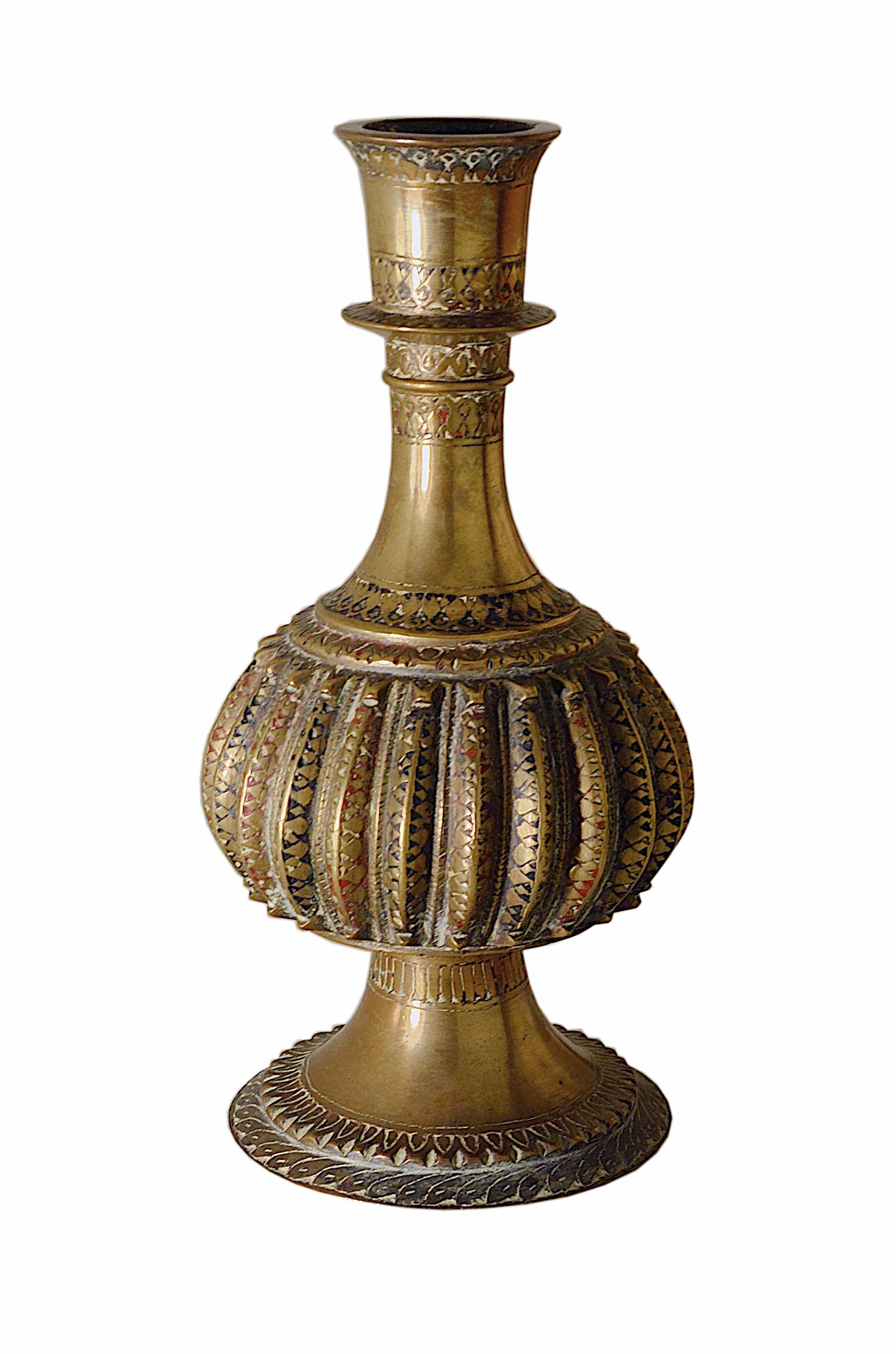 Antique bronze vase with black and red geometric patterns, 13x25cm.