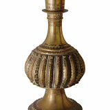 Antique bronze vase with black and red geometric patterns, 13x25cm.