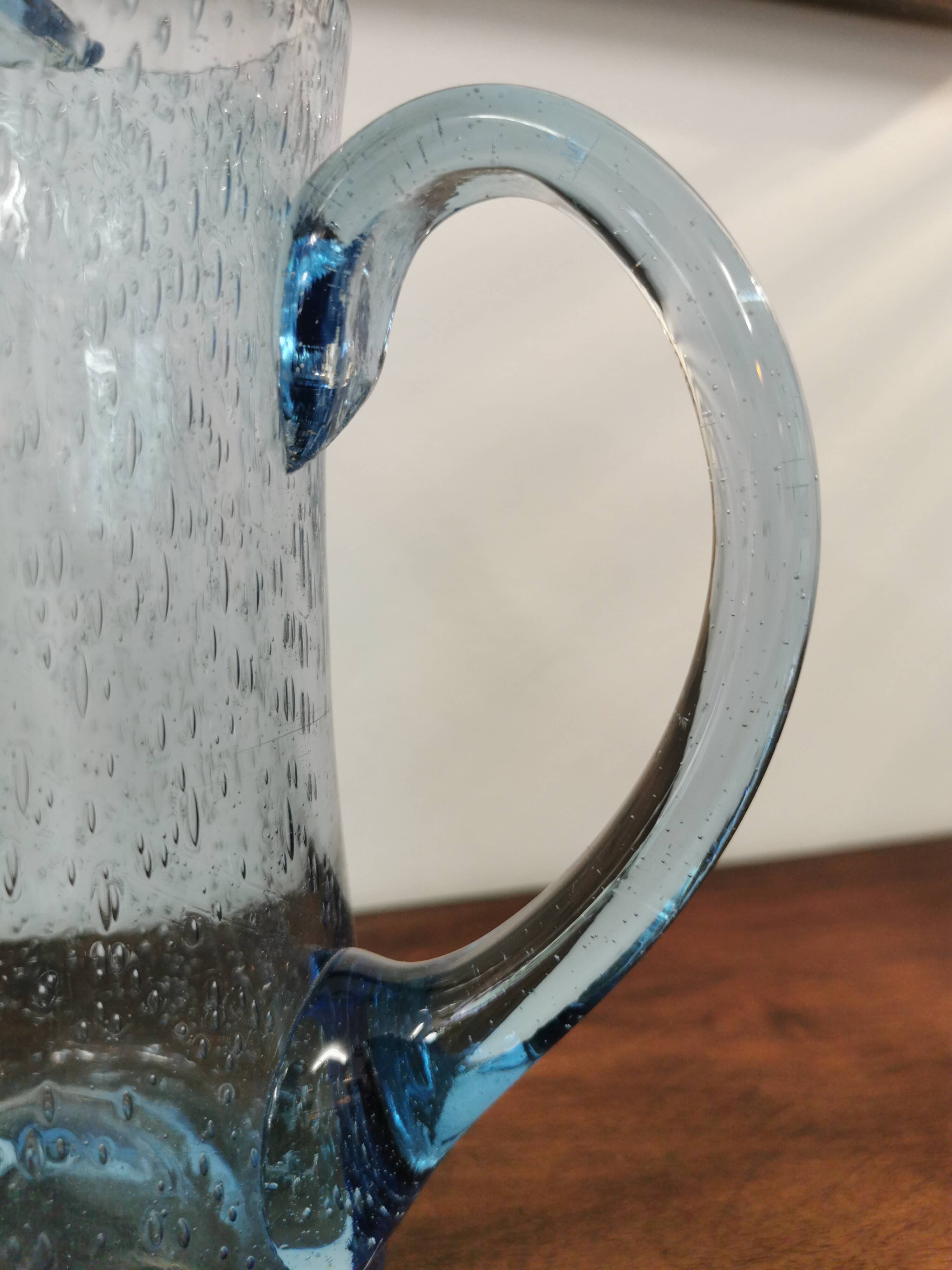 Vintage pitcher in blue bubbled glass Biot unsigned