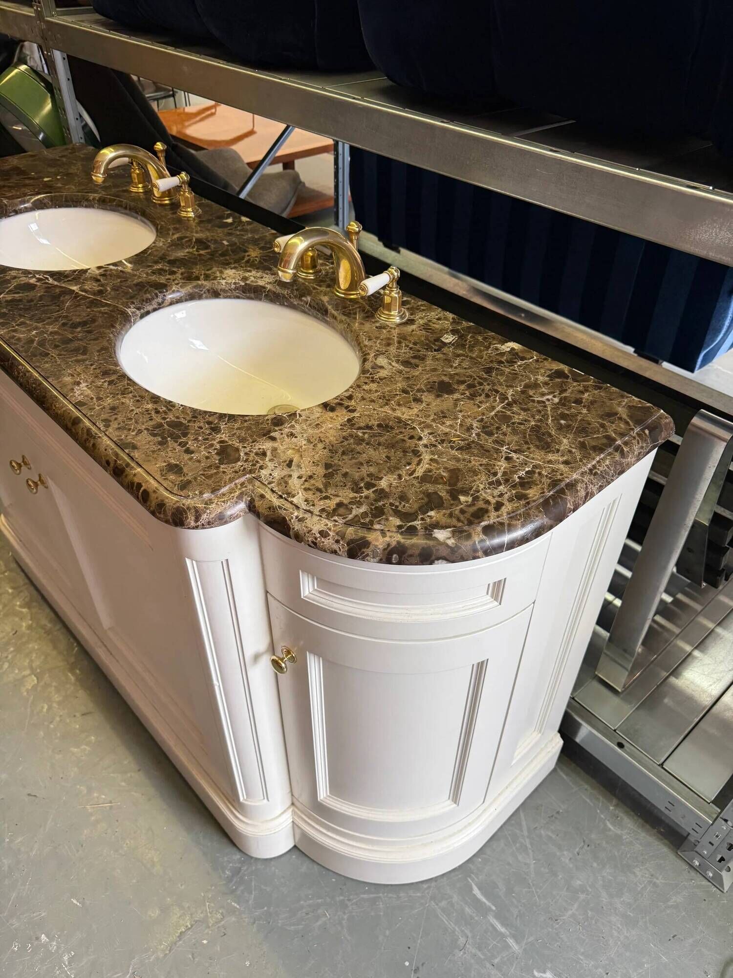Classic double bathroom cabinet with marble top and gold fittings