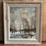 Huile sur toile signée, paysage de neige