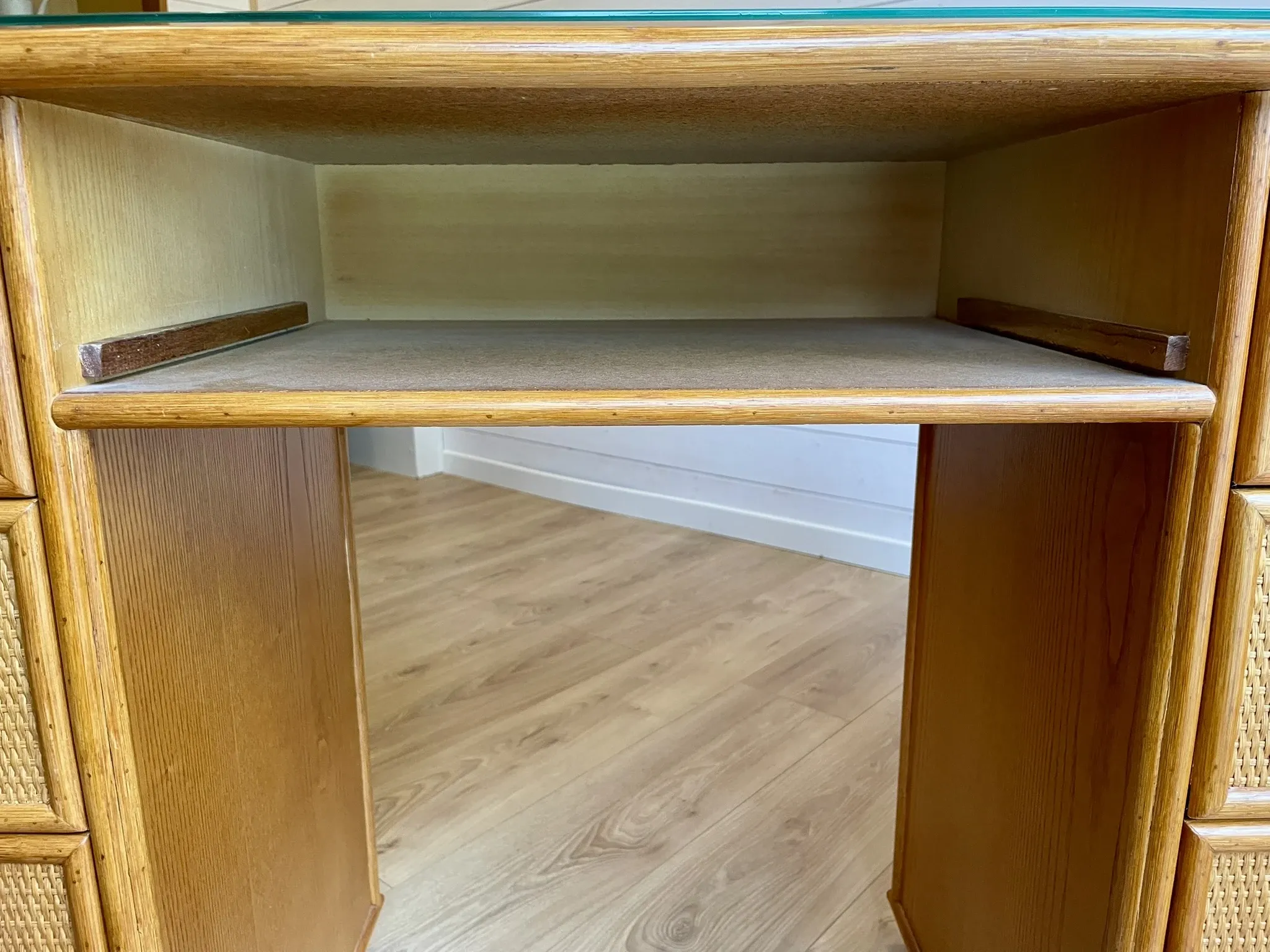 Cane work desk / Rattan glass top 9 drawers shallow depth