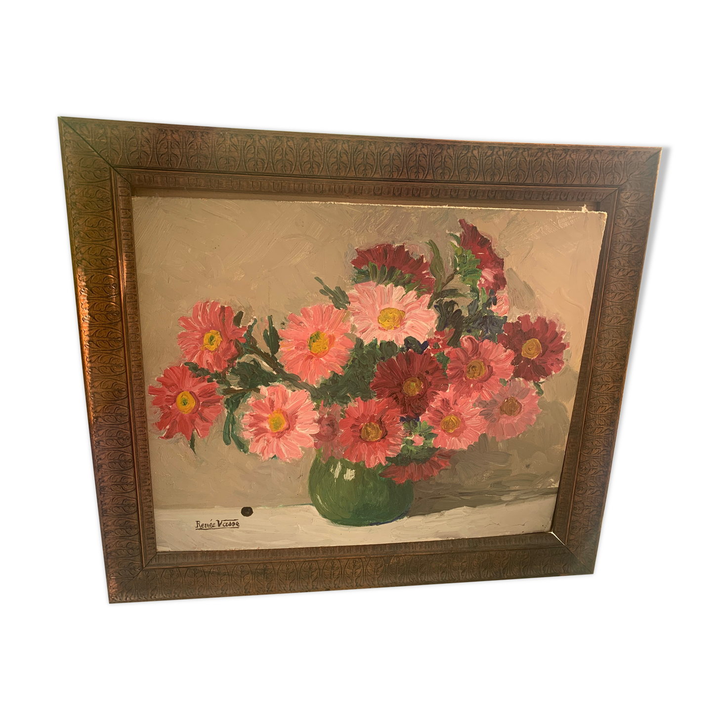 Painting the bouquet of Daisies signed Renée VAsse, old frame