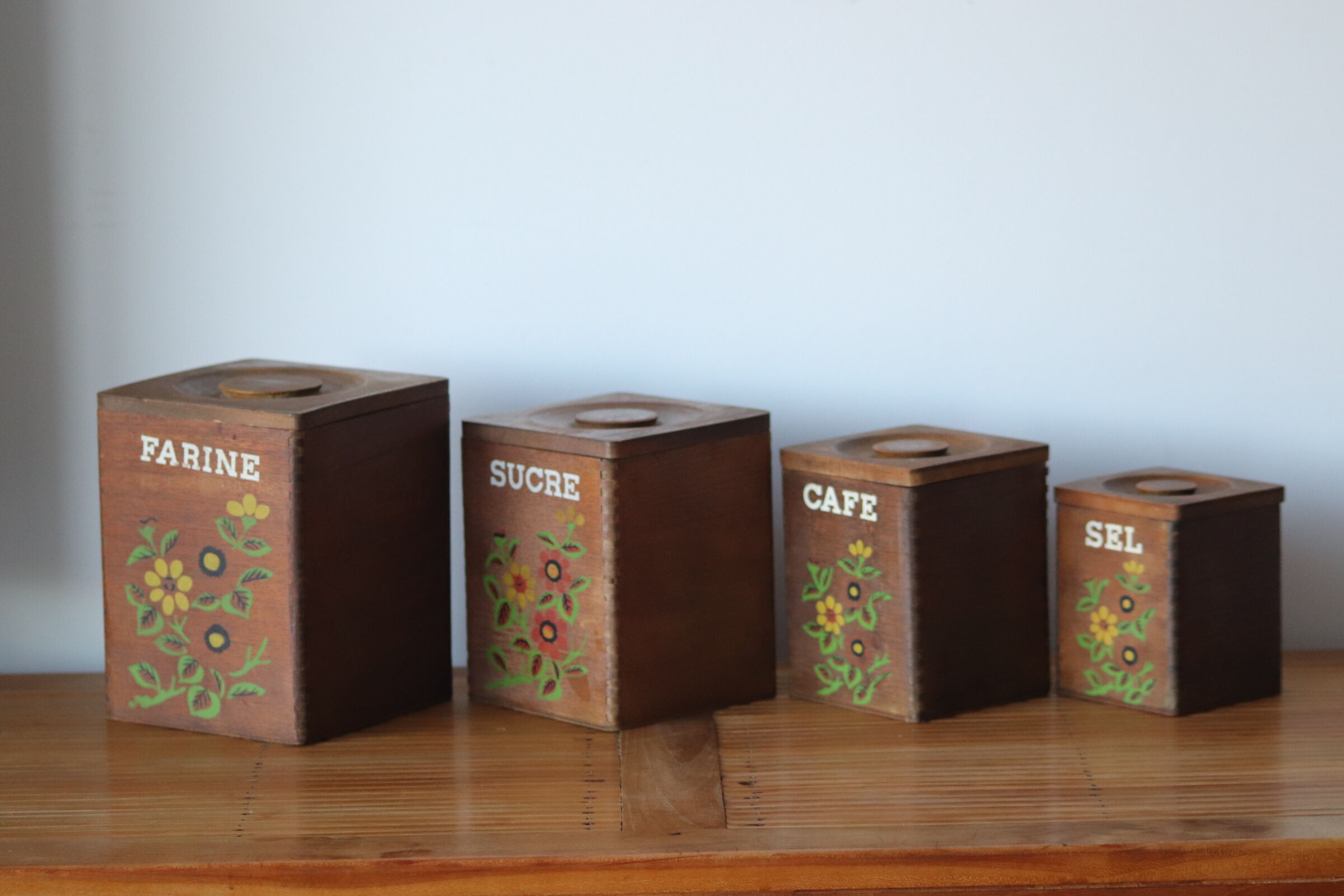 4 vintage wooden spice boxes 70s