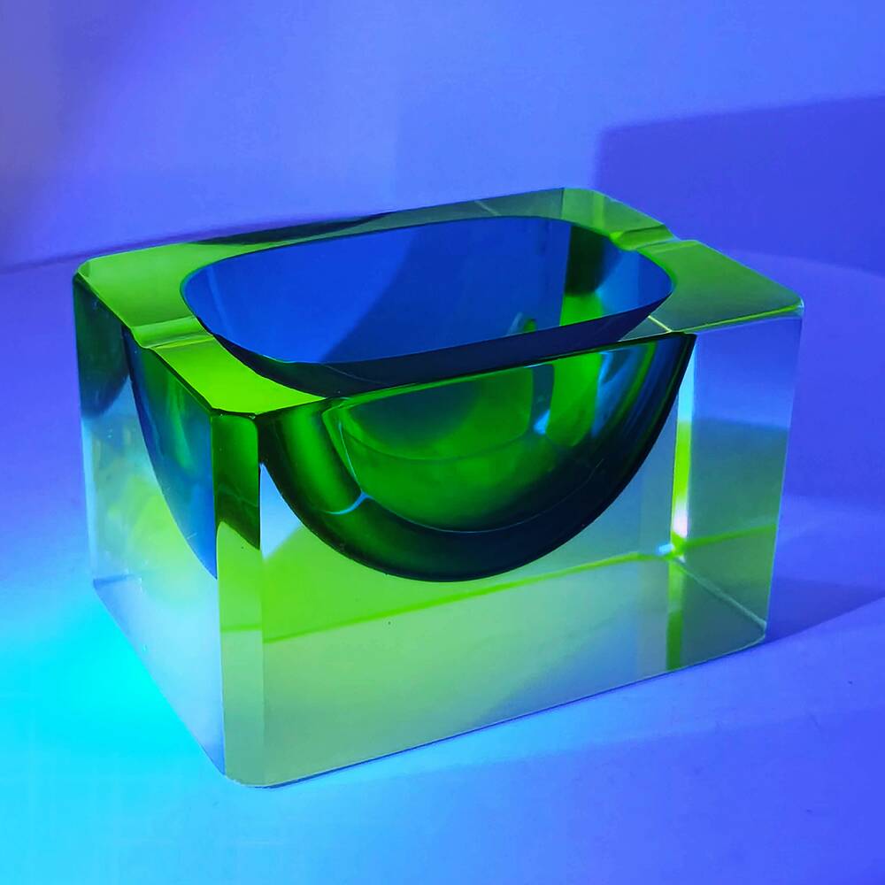 1960s Rare Rectangular Uranium Multifaceted Ashtray in Murano Glass