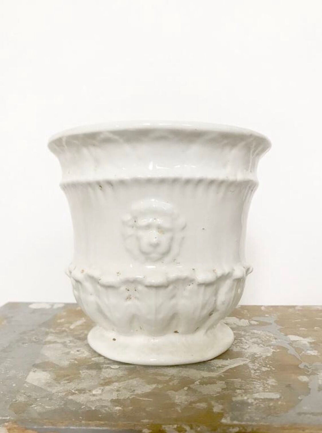 Vintage covered pot in white earthenware molded with lions and friezes