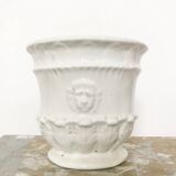 Vintage covered pot in white earthenware molded with lions and friezes