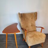Norwegian sheepskin wing armchair with ottoman 1950