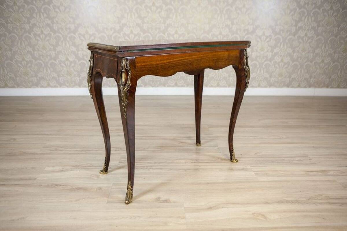 19th Century Inlaid Card Table Lined with Green Fabric