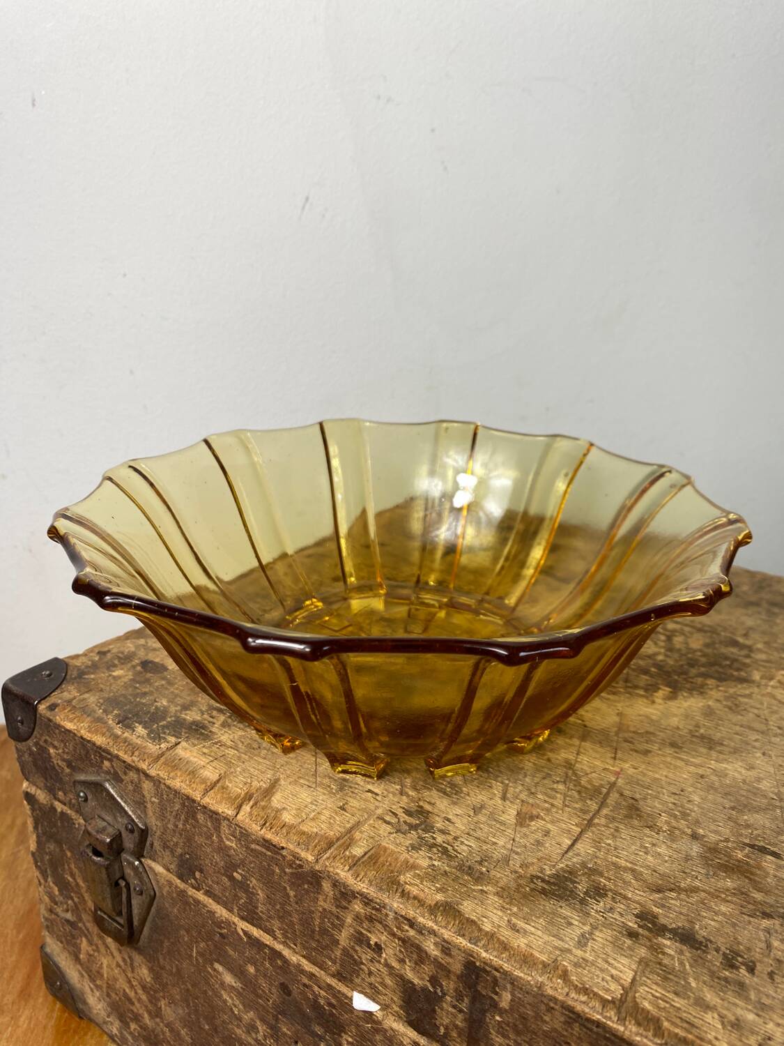 Art Deco style salad bowl in amber molded glass