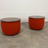 Pair of space age side tables, red velvet from the 70s
