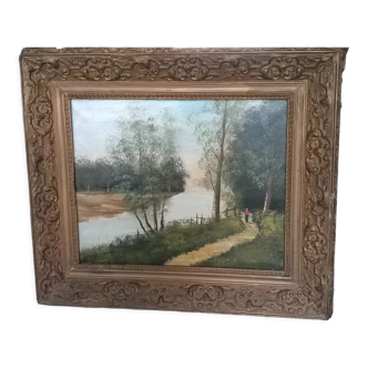 Painting on canvas with gold frame signed Peron