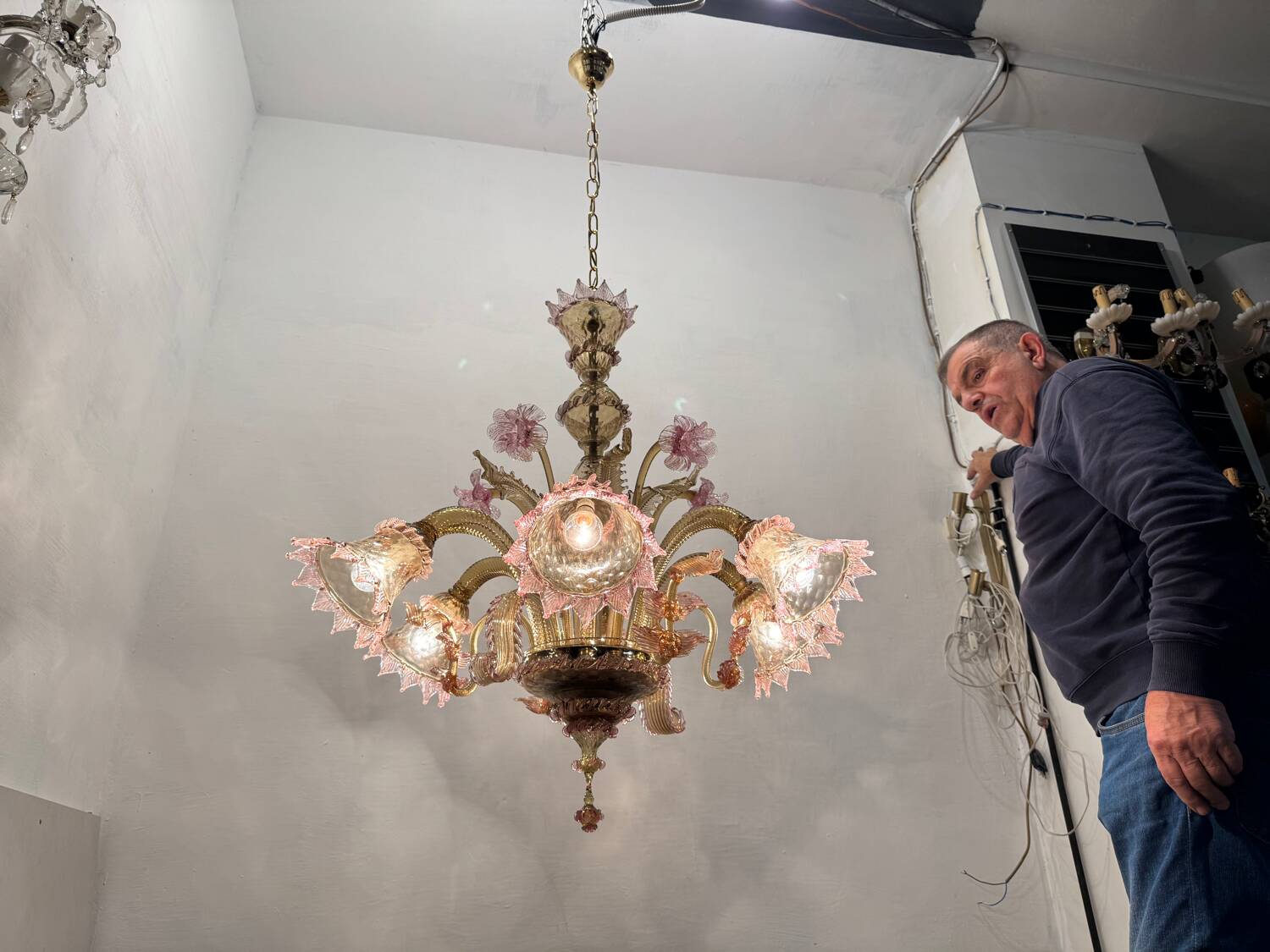Venetian Pink Amber Murano Glass Chandelier 1960’s